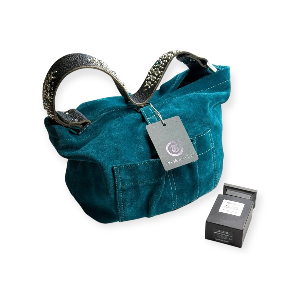 new Tylie Malibu ᪣ Utility Suede Hobo Bag ᪣ Crystal Embellish Strap ᪣ Teal Blue - Picture 5 of 16